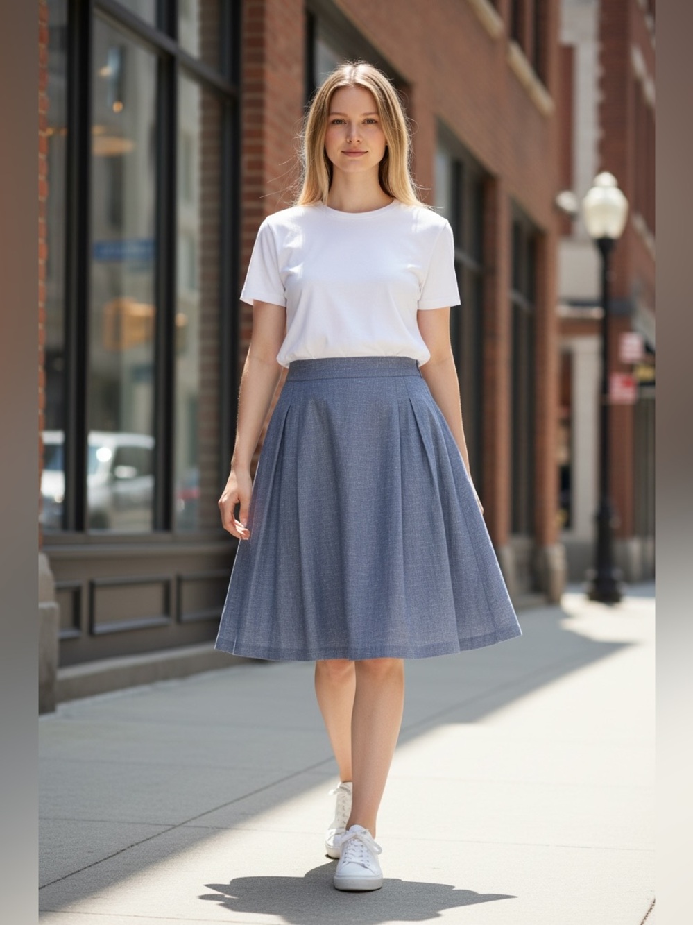 Boden 100% Cotton Pleated Chambray A-Line Skirt Size US 18